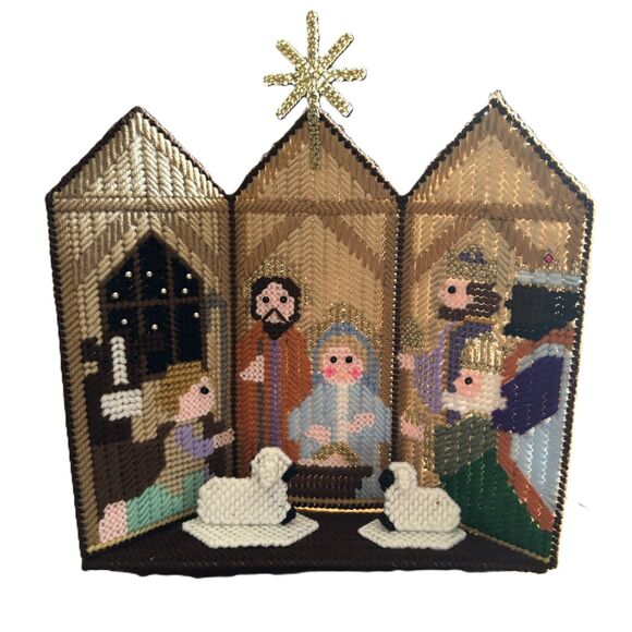 Nativity Triptych The First Christmas Mantle Sitter Plastic Canvas Completed Kit - Picture 1 of 8